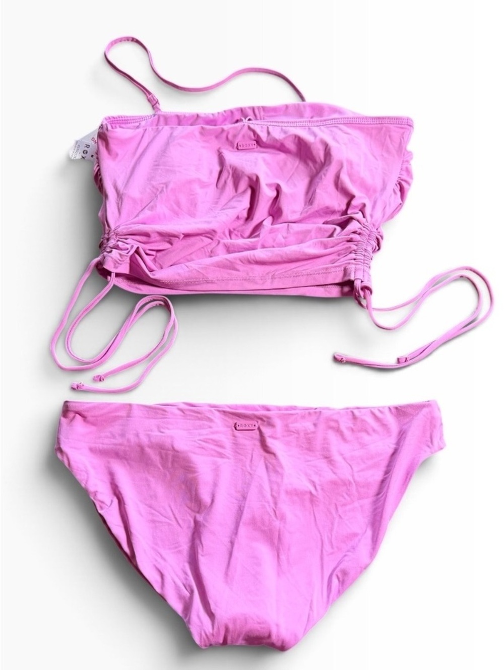 ROXY bandeau crop top Drawcord sides w hipster bikini swim bottom set sz Med NWT
